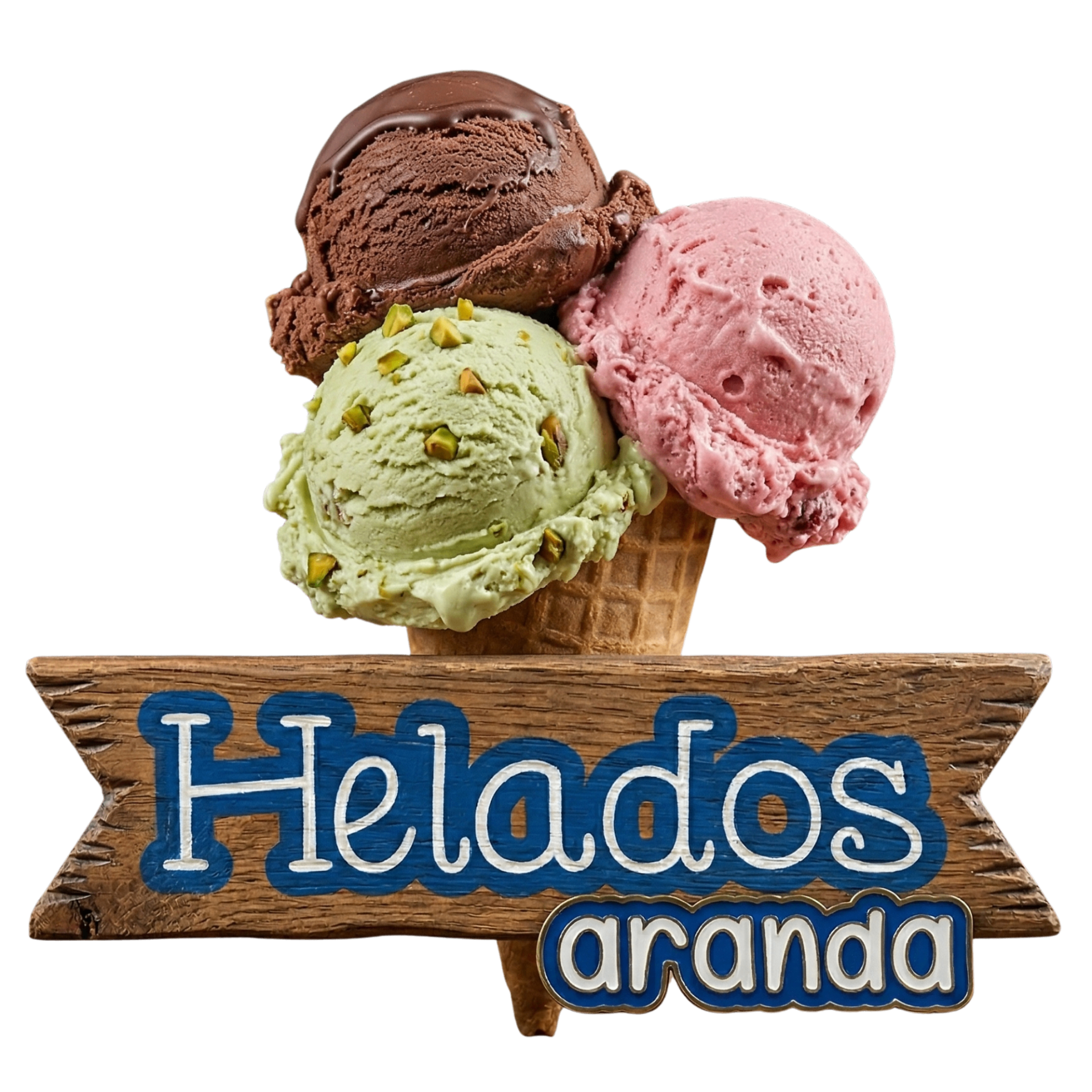 Helados Aranda logo with chocolate, pistachio, and strawberry scoops on a waffle cone